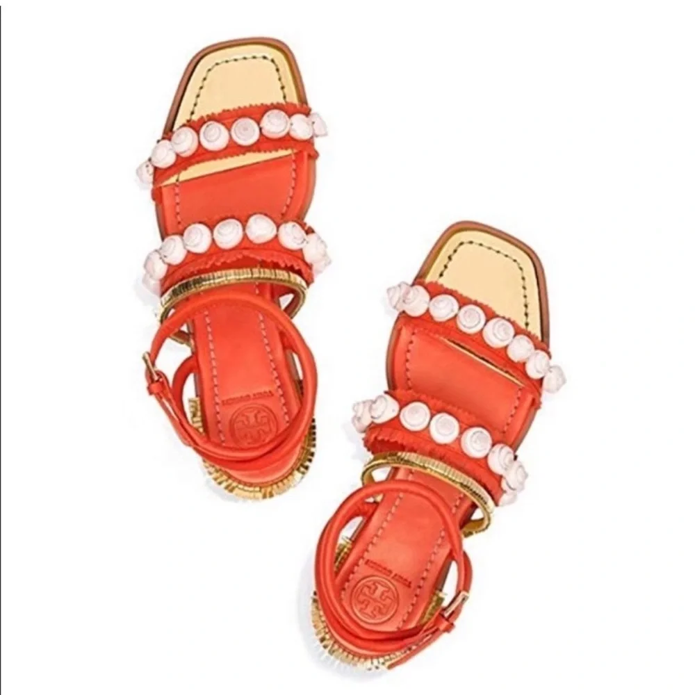 Tory Burch || Sinclair‎ Seashell Sandal Strappy Fringe Gold Orange Red 7.5